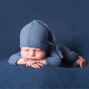 Newborn Blue Knit Pajamas Kids One Piece with Hat Photography Set